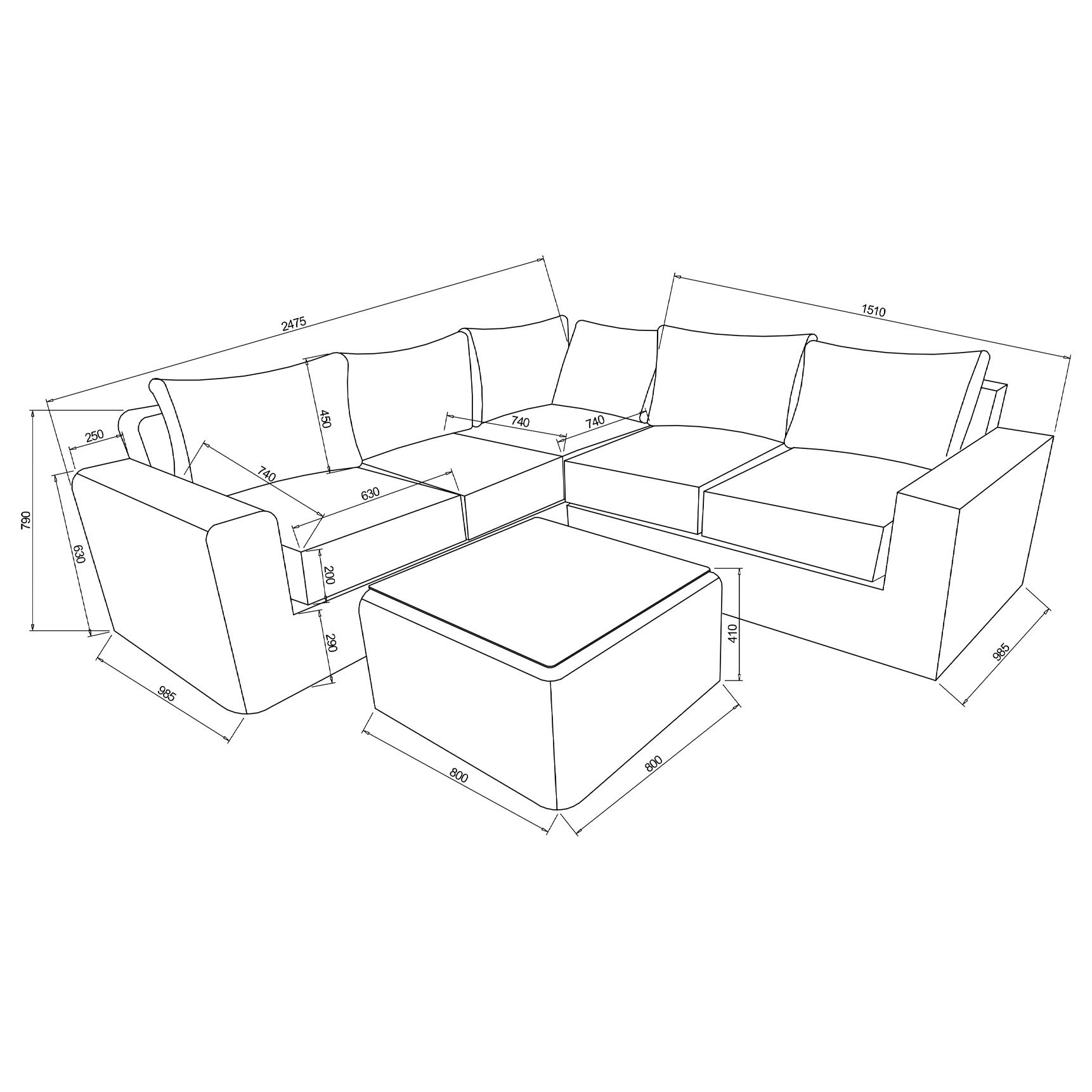 Siesta Square Corner Set dimensions